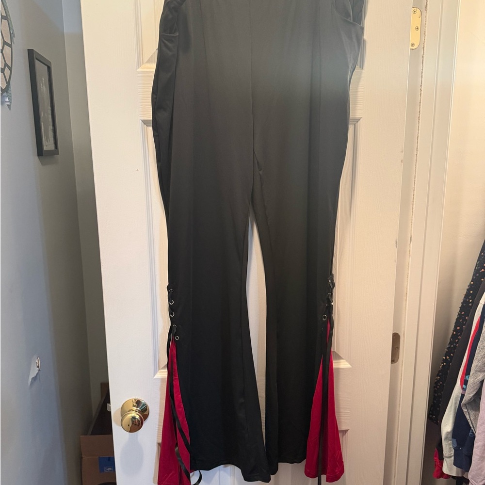 Rosegal Black Flared Pants with Red Side Panels and Lace-Up Detail